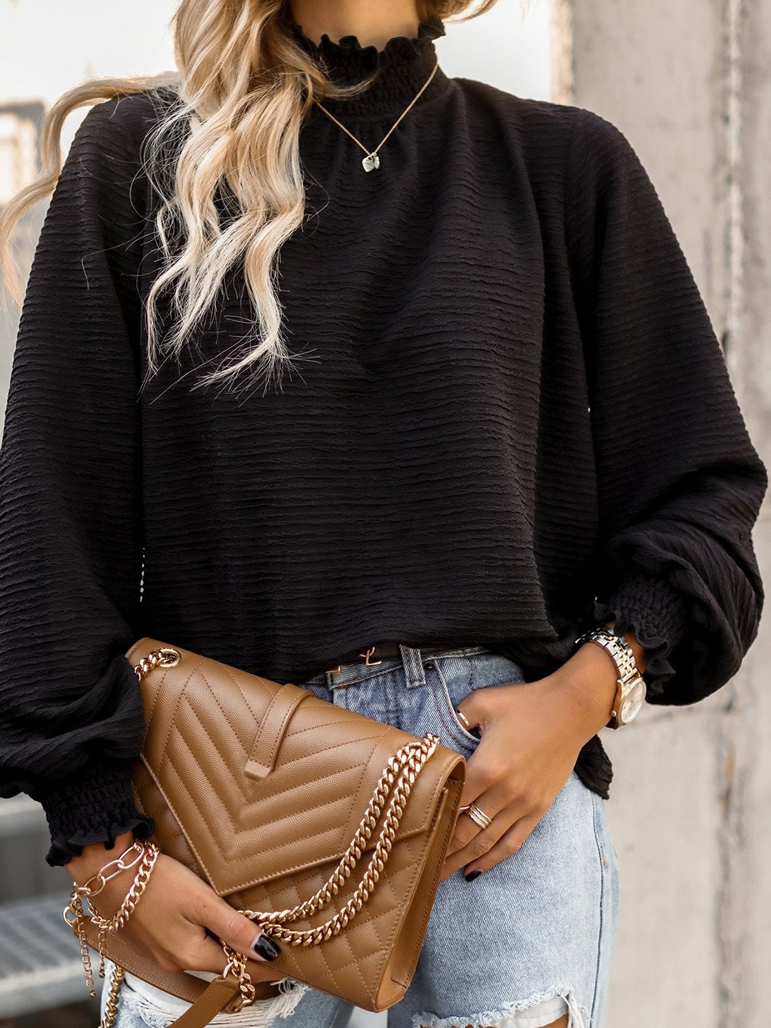 Smocked Long Sleeve Blouse