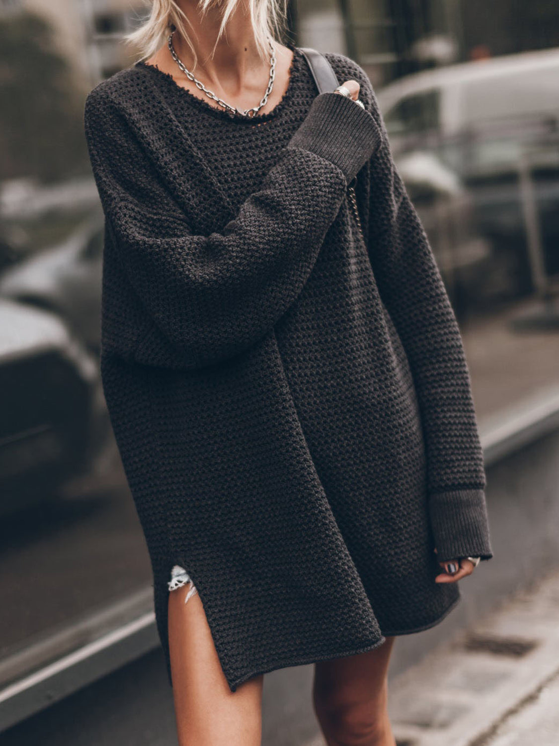 Openwork Long Sleeve Slit Sweater