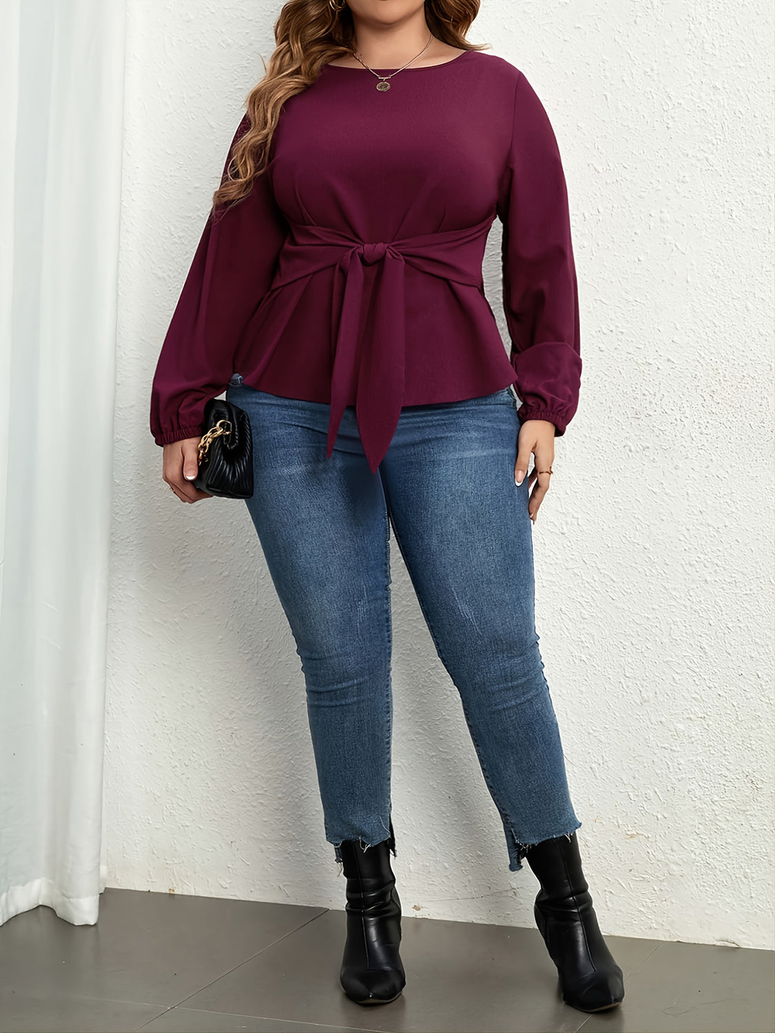 Wine Tie Front Long Sleeve Blouse