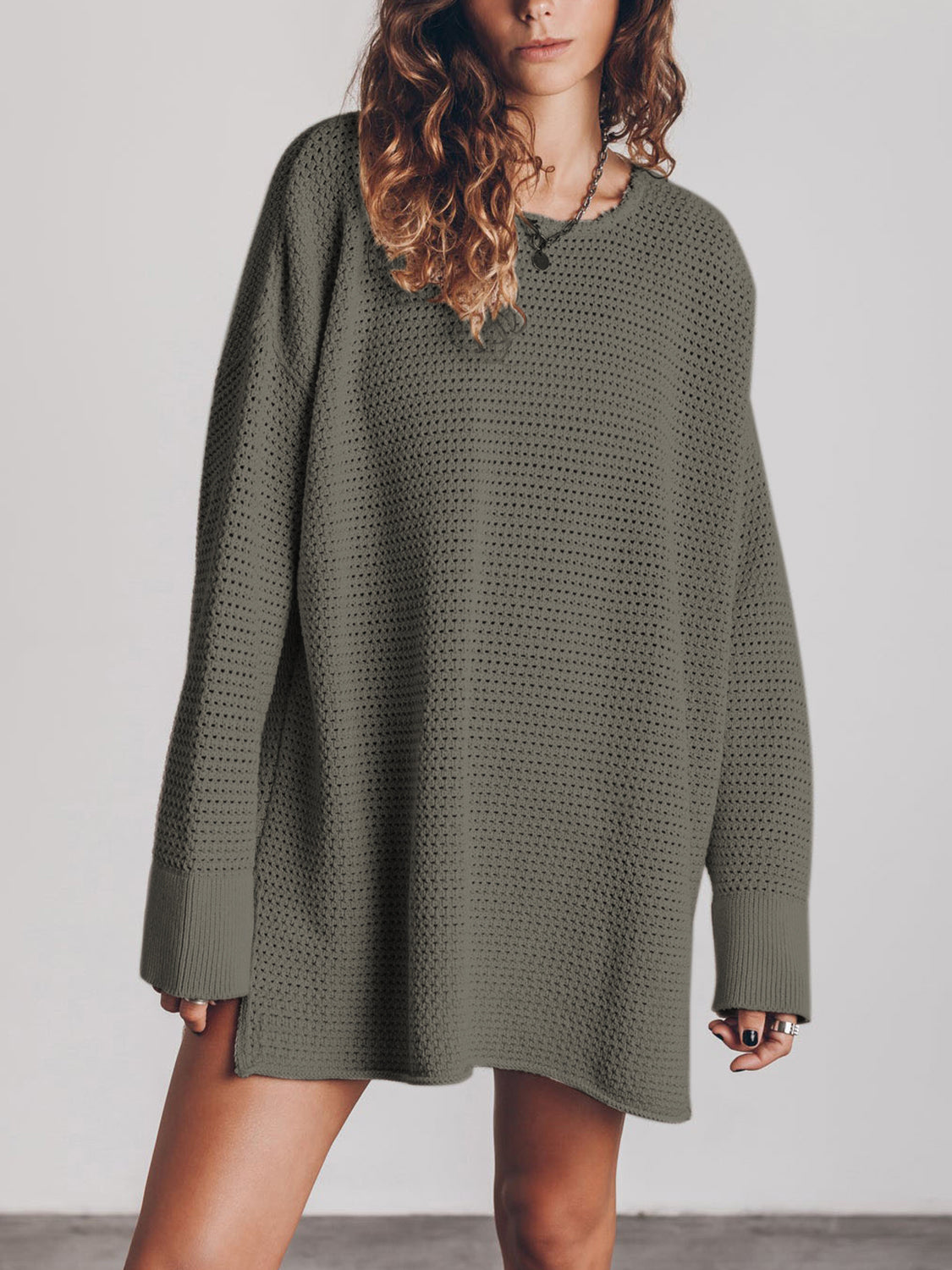 Openwork Long Sleeve Slit Sweater