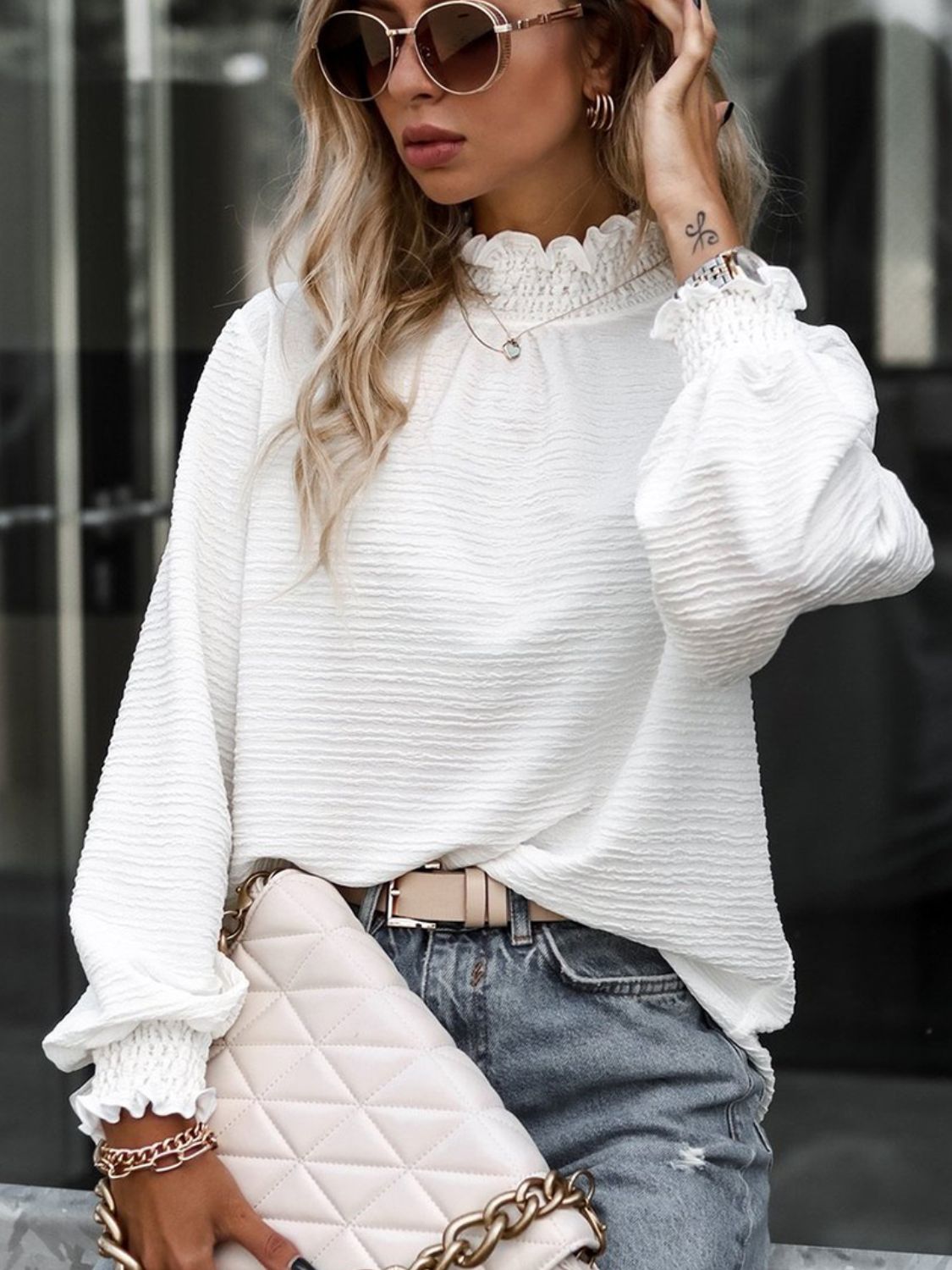 Smocked Long Sleeve Blouse