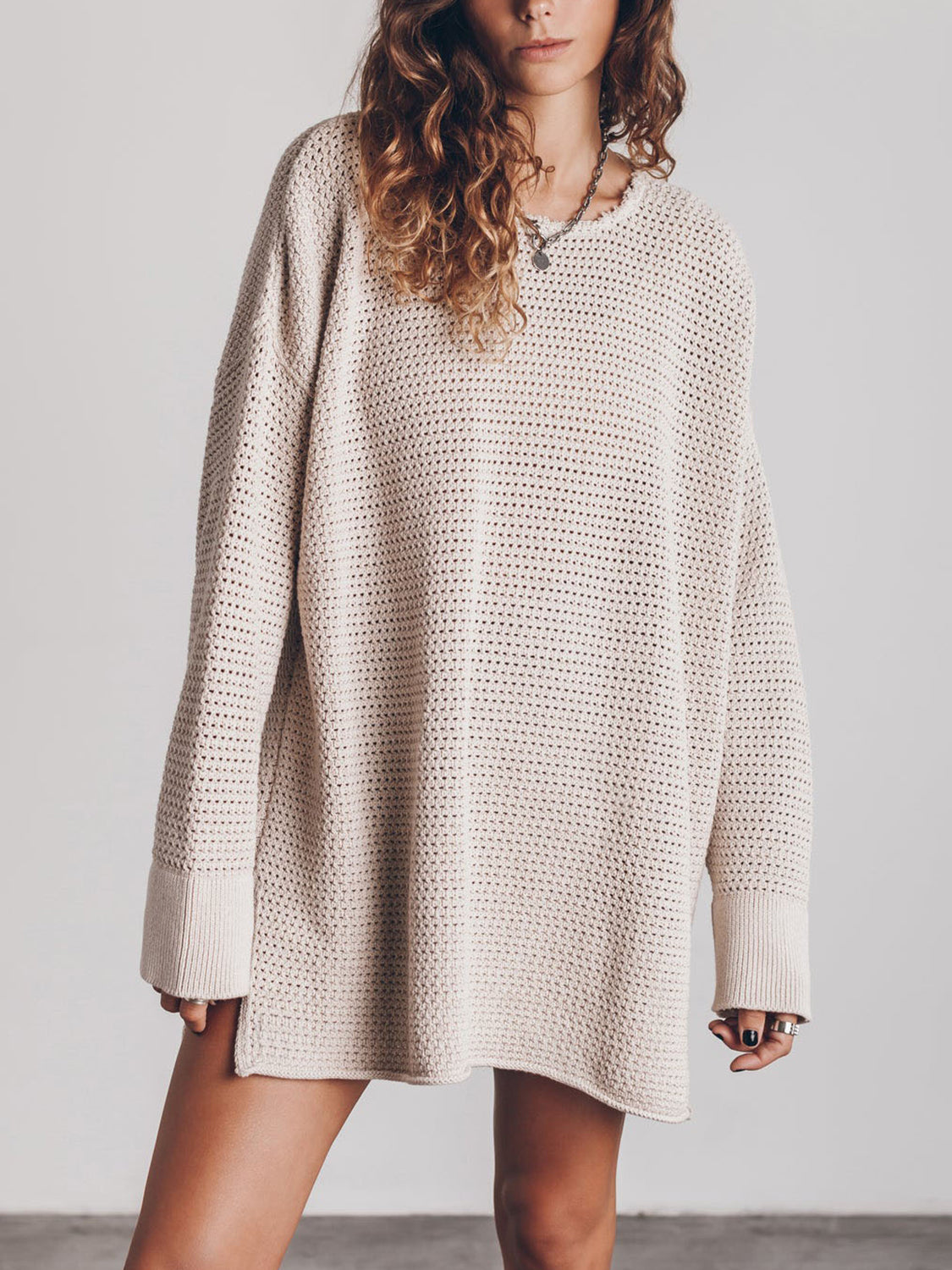 Openwork Long Sleeve Slit Sweater