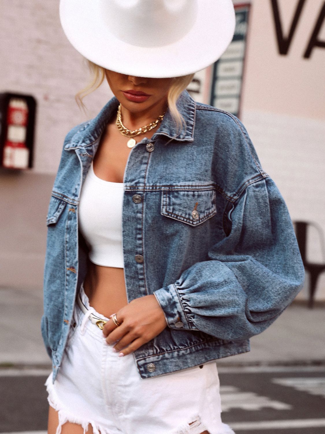 Puffy Sleeve Denim Top