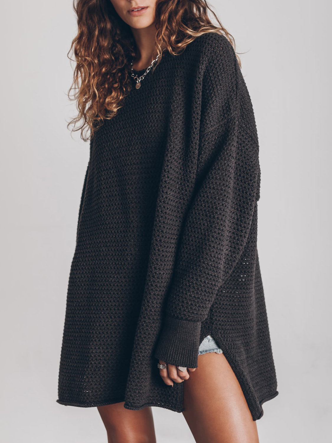 Openwork Long Sleeve Slit Sweater