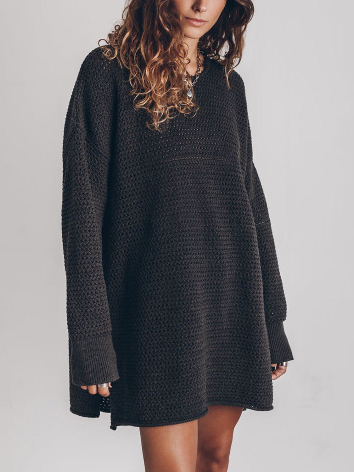 Openwork Long Sleeve Slit Sweater
