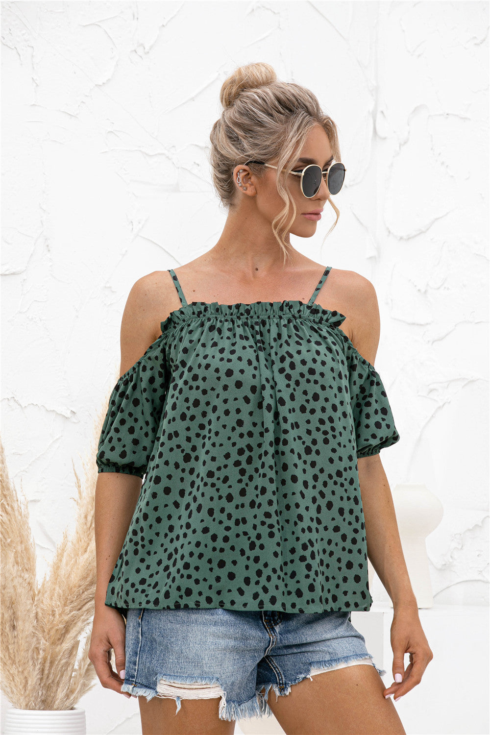 Sassy Dot Cold Shoulder Blouse