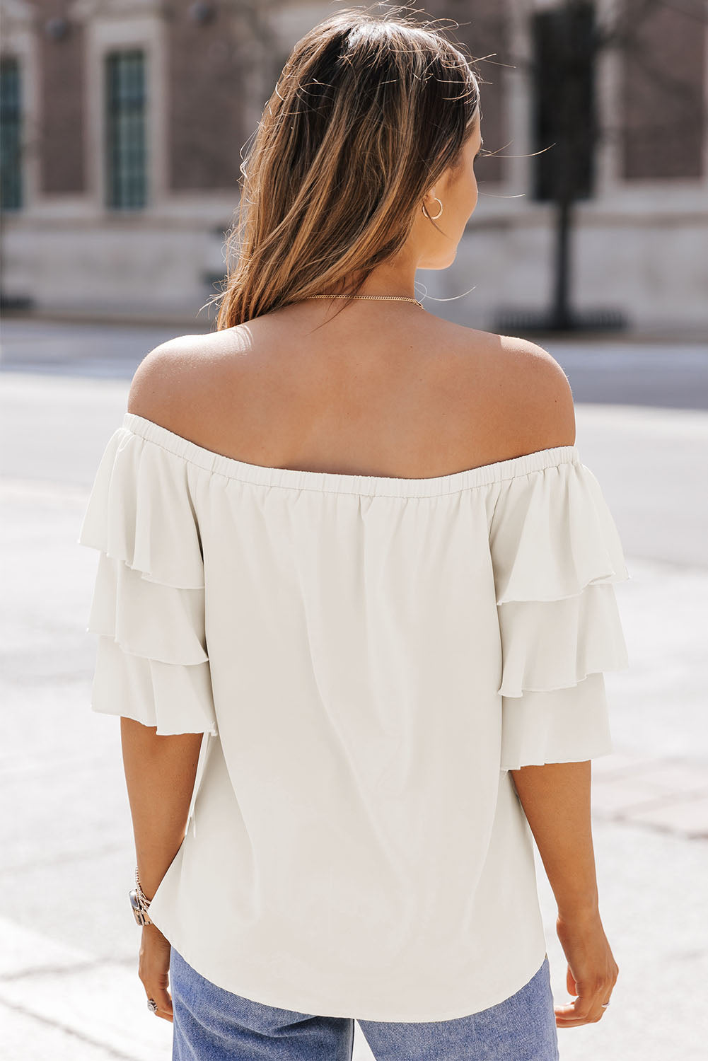 White Off-Shoulder Layered Sleeve Blouse