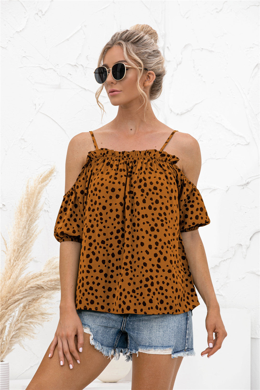 Sassy Dot Cold Shoulder Blouse