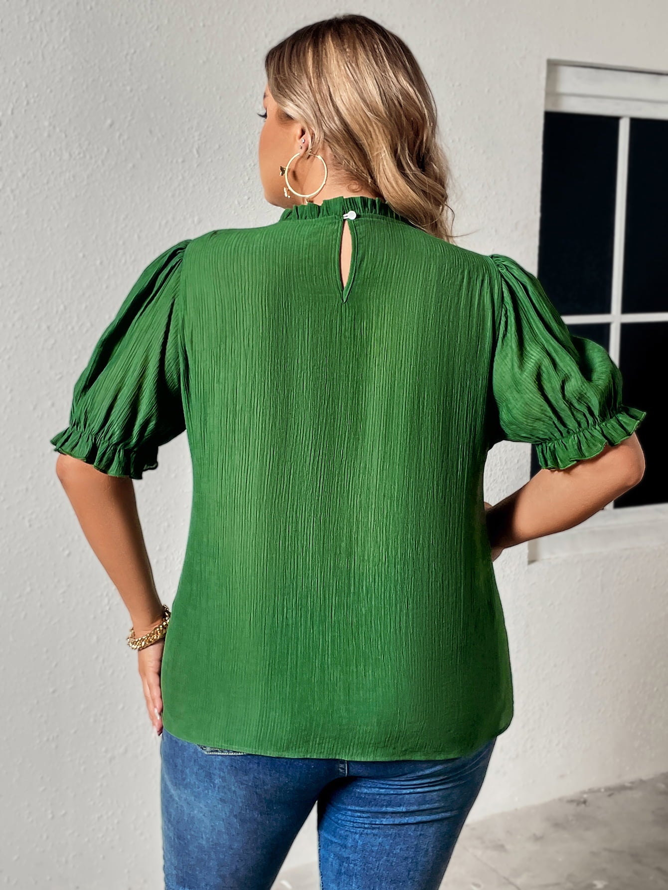 Green Flounce Sleeve Blouse