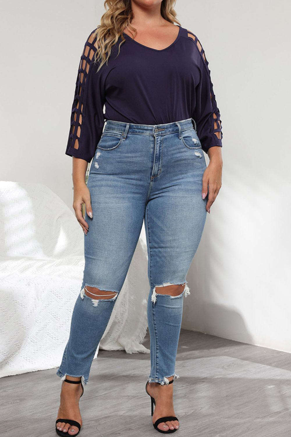 Cutout Three-Quarter Sleeve Blouse