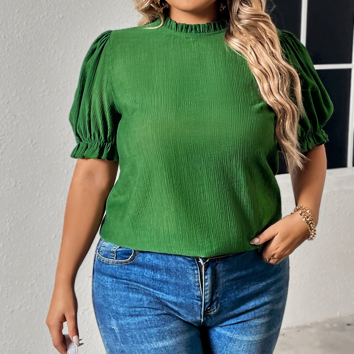 Green Flounce Sleeve Blouse