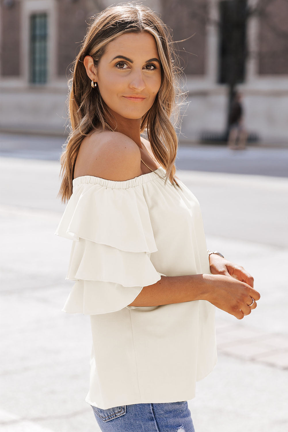 White Off-Shoulder Layered Sleeve Blouse