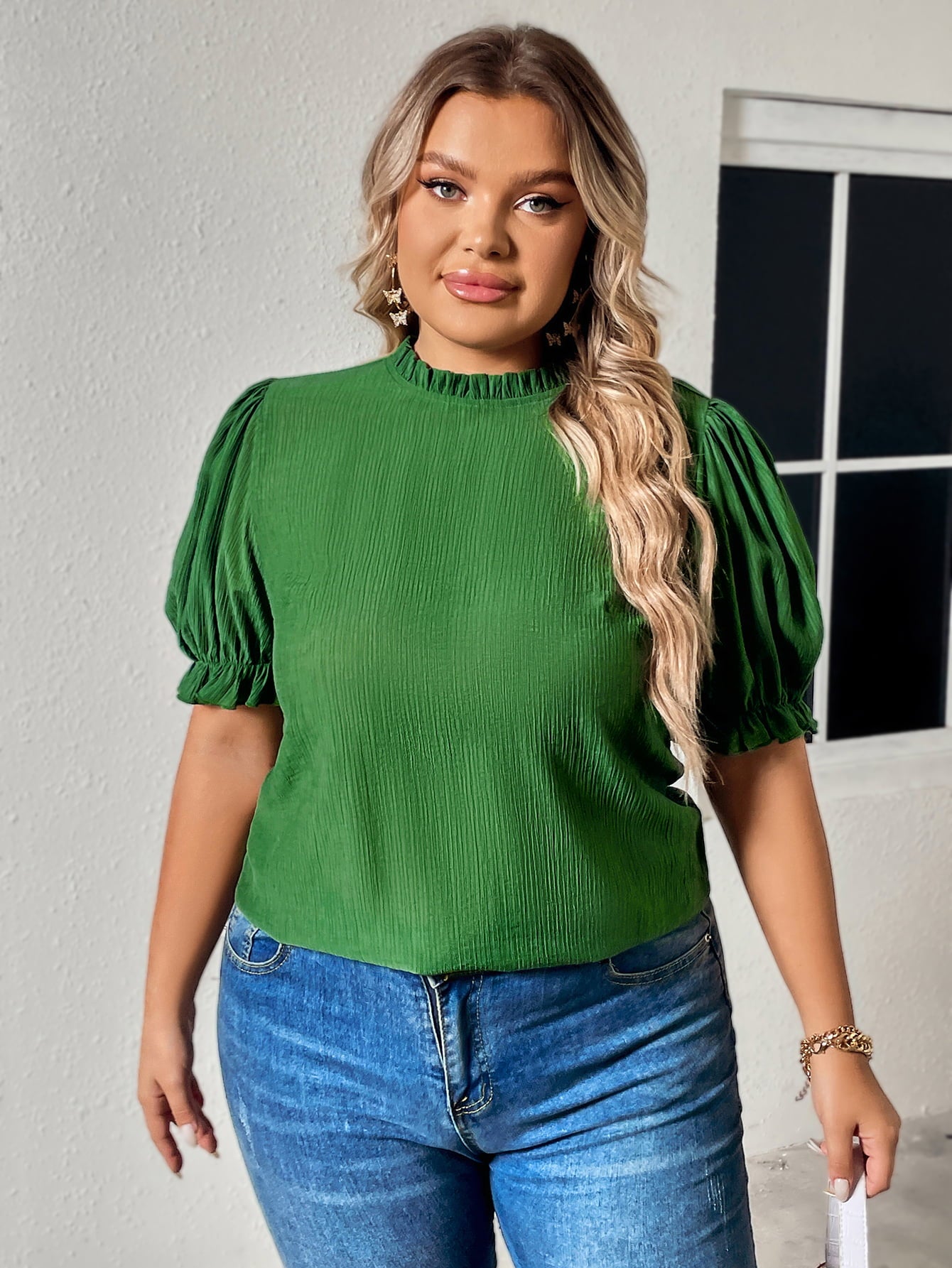 Green Flounce Sleeve Blouse