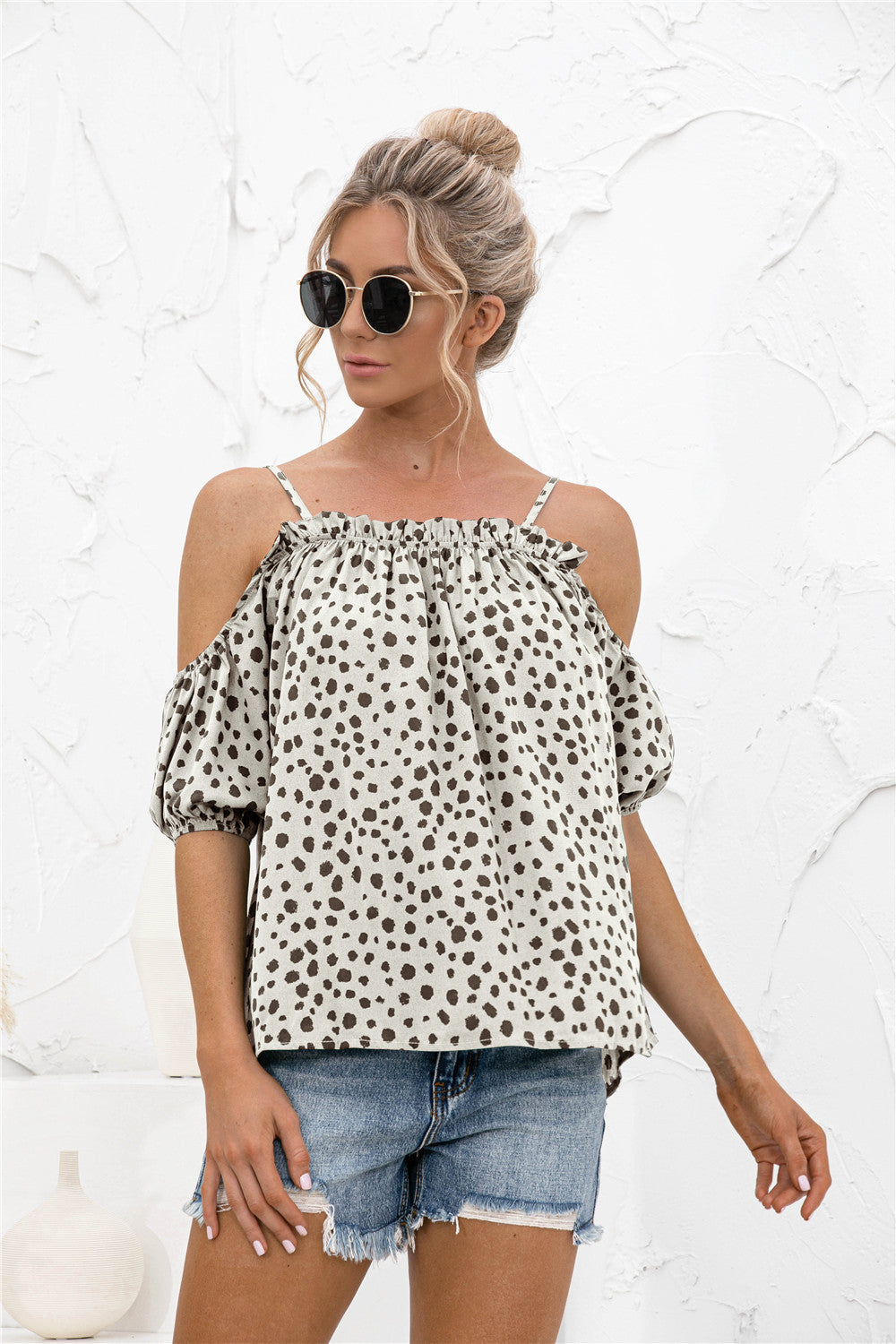 Sassy Dot Cold Shoulder Blouse