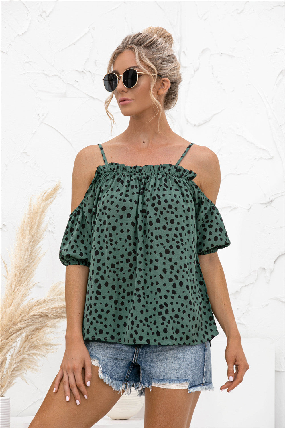 Sassy Dot Cold Shoulder Blouse