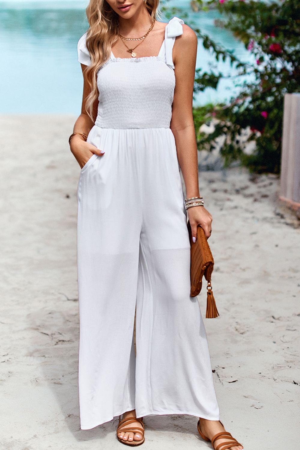 Tie Shoulder Wide Leg Jumpsuit with Pockets