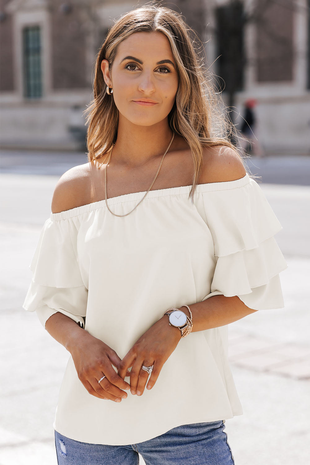 White Off-Shoulder Layered Sleeve Blouse