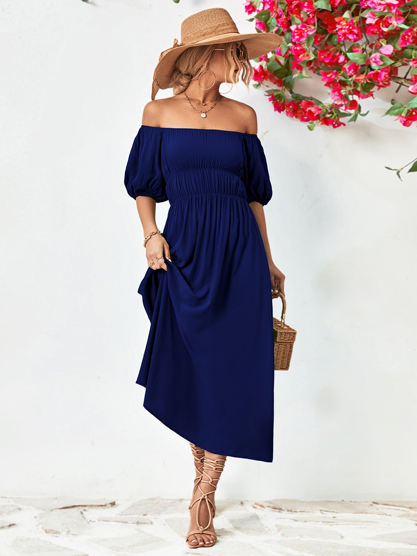 Chic Balloon Sleeve Midi Dress
