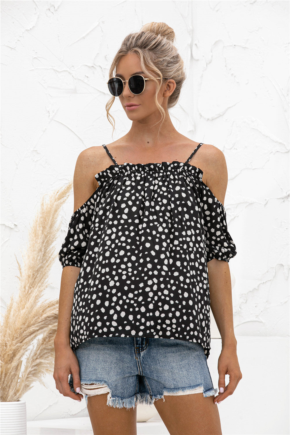 Sassy Dot Cold Shoulder Blouse