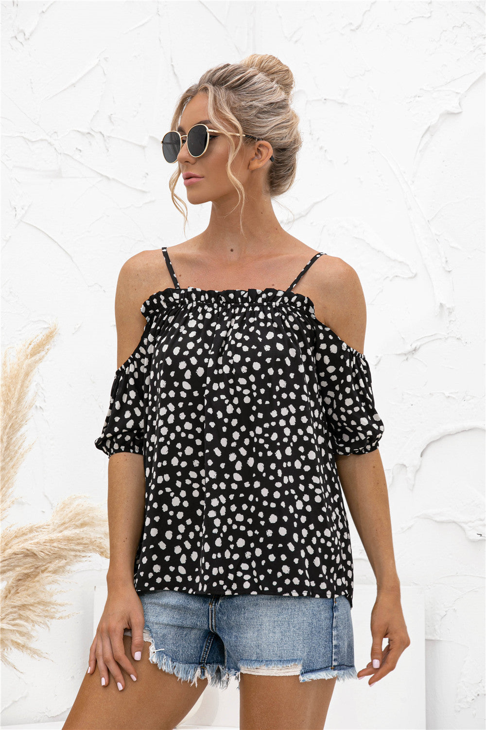 Sassy Dot Cold Shoulder Blouse