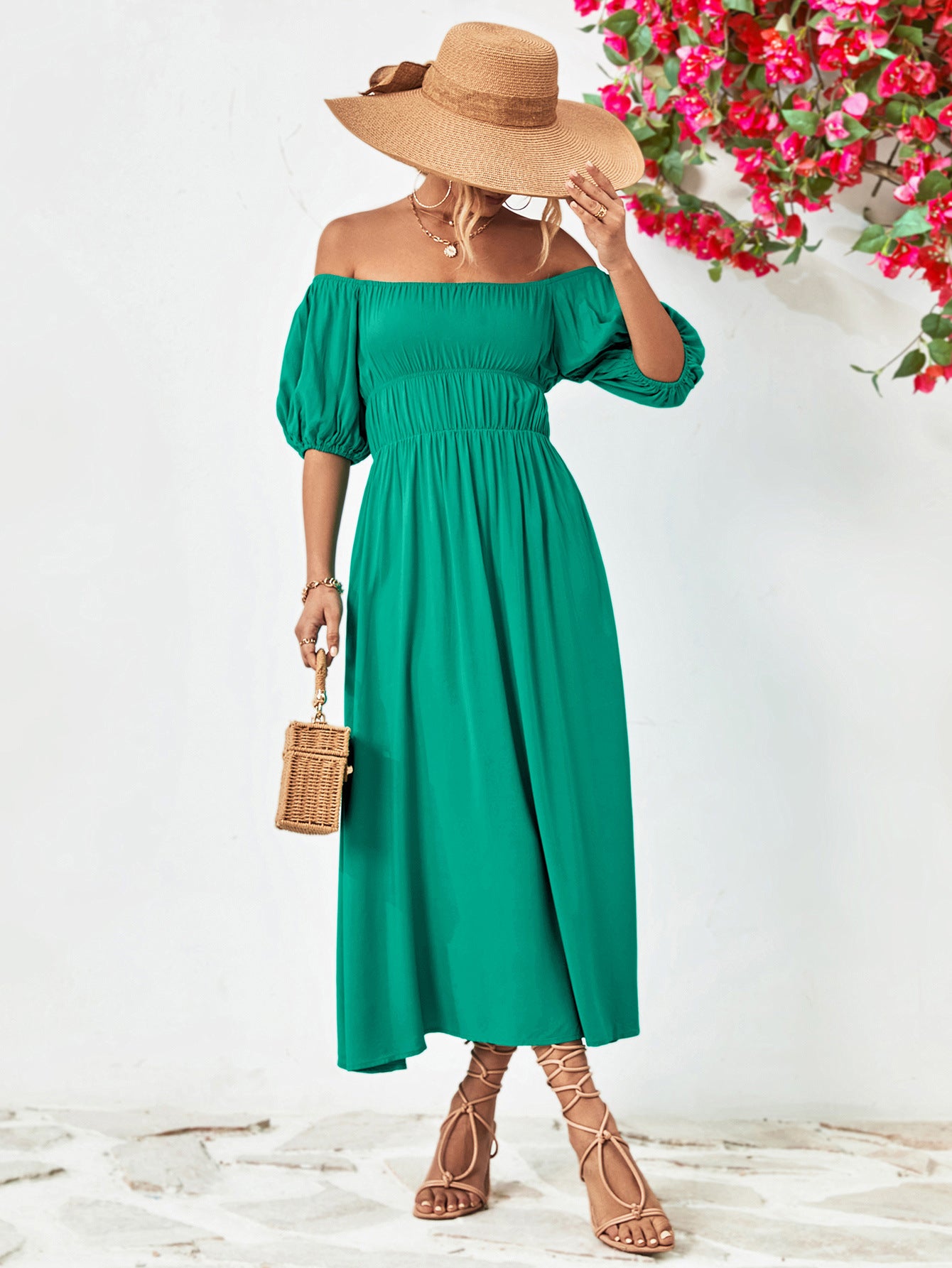 Chic Balloon Sleeve Midi Dress