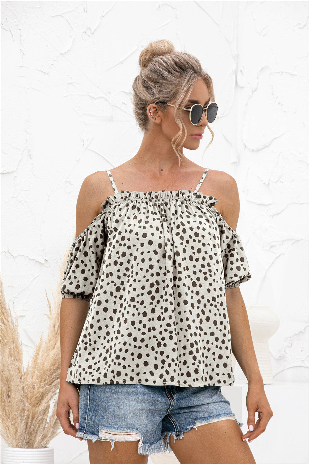 Sassy Dot Cold Shoulder Blouse