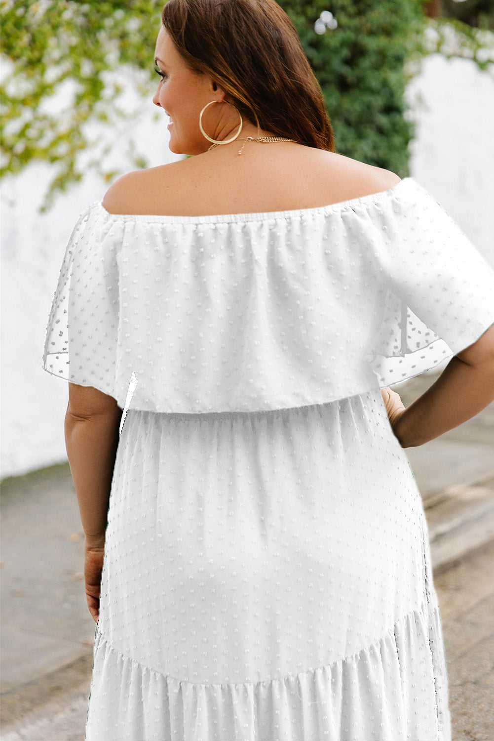 White Swiss Dot Off-Shoulder Tiered Dress