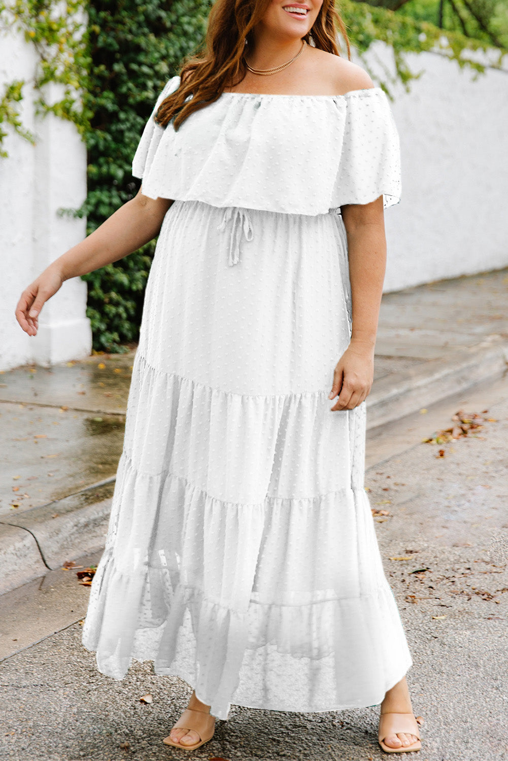 White Swiss Dot Off-Shoulder Tiered Dress