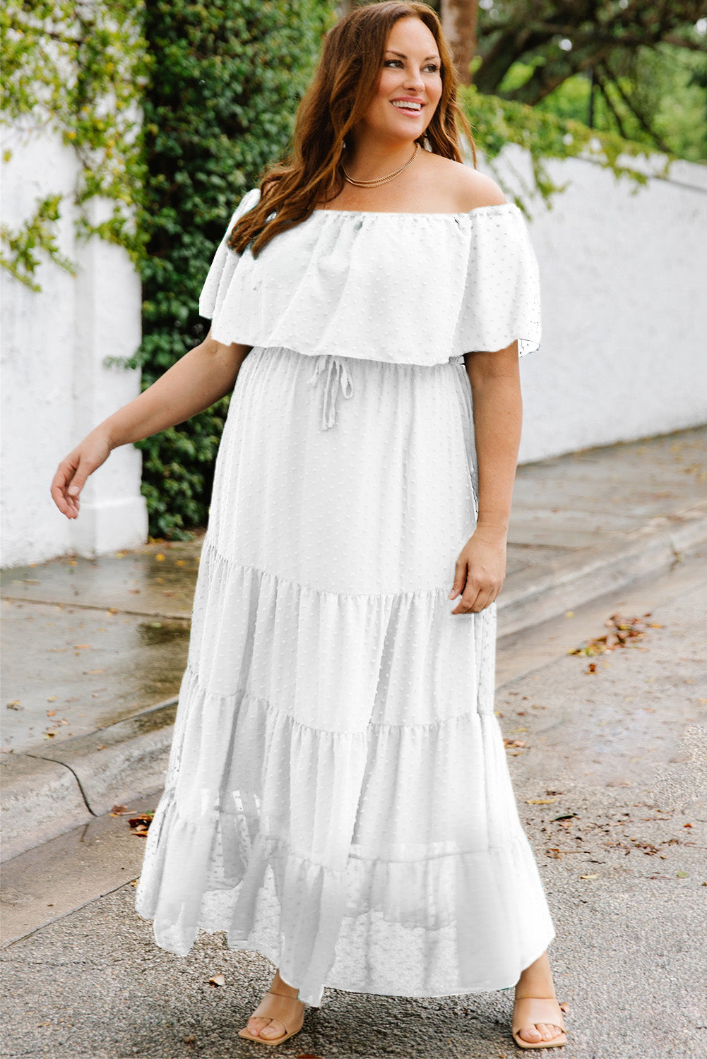 White Swiss Dot Off-Shoulder Tiered Dress