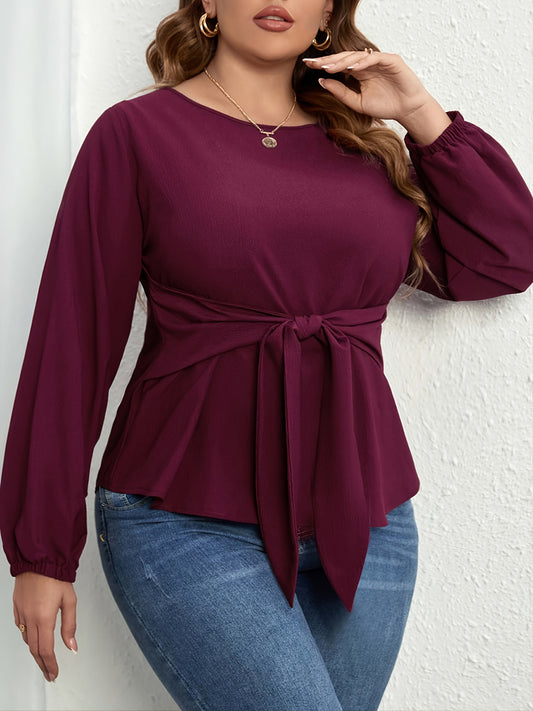 Wine Tie Front Long Sleeve Blouse