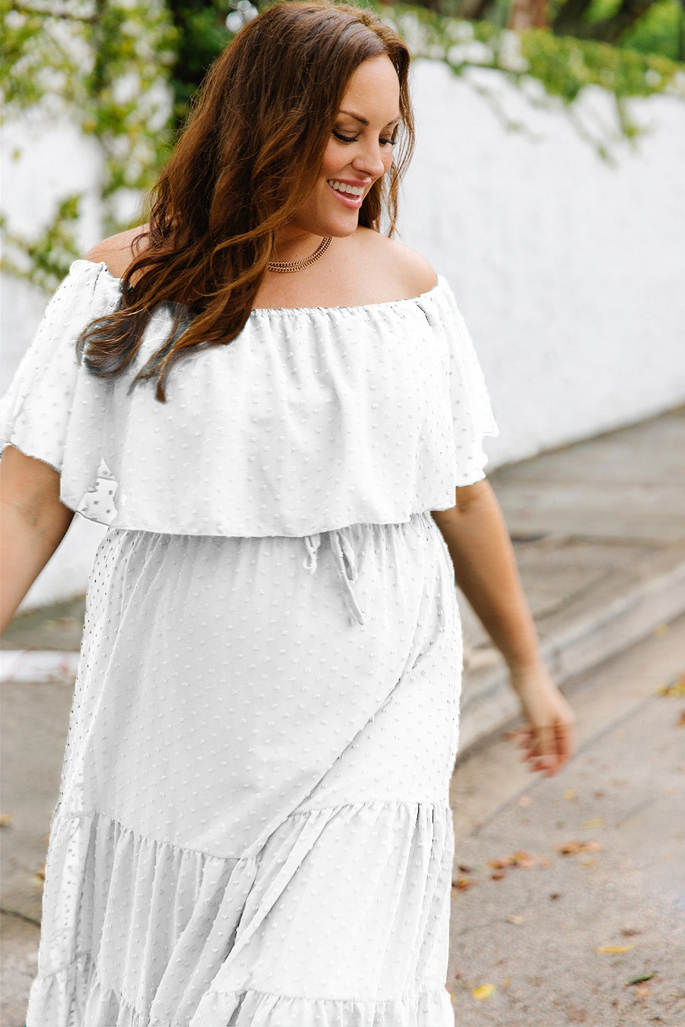 White Swiss Dot Off-Shoulder Tiered Dress