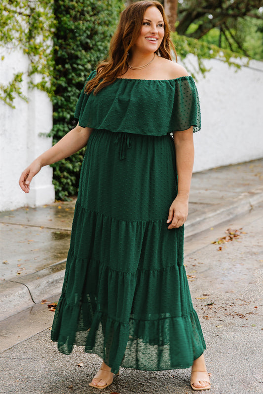 Green Swiss Dot Off-Shoulder Tiered Dress