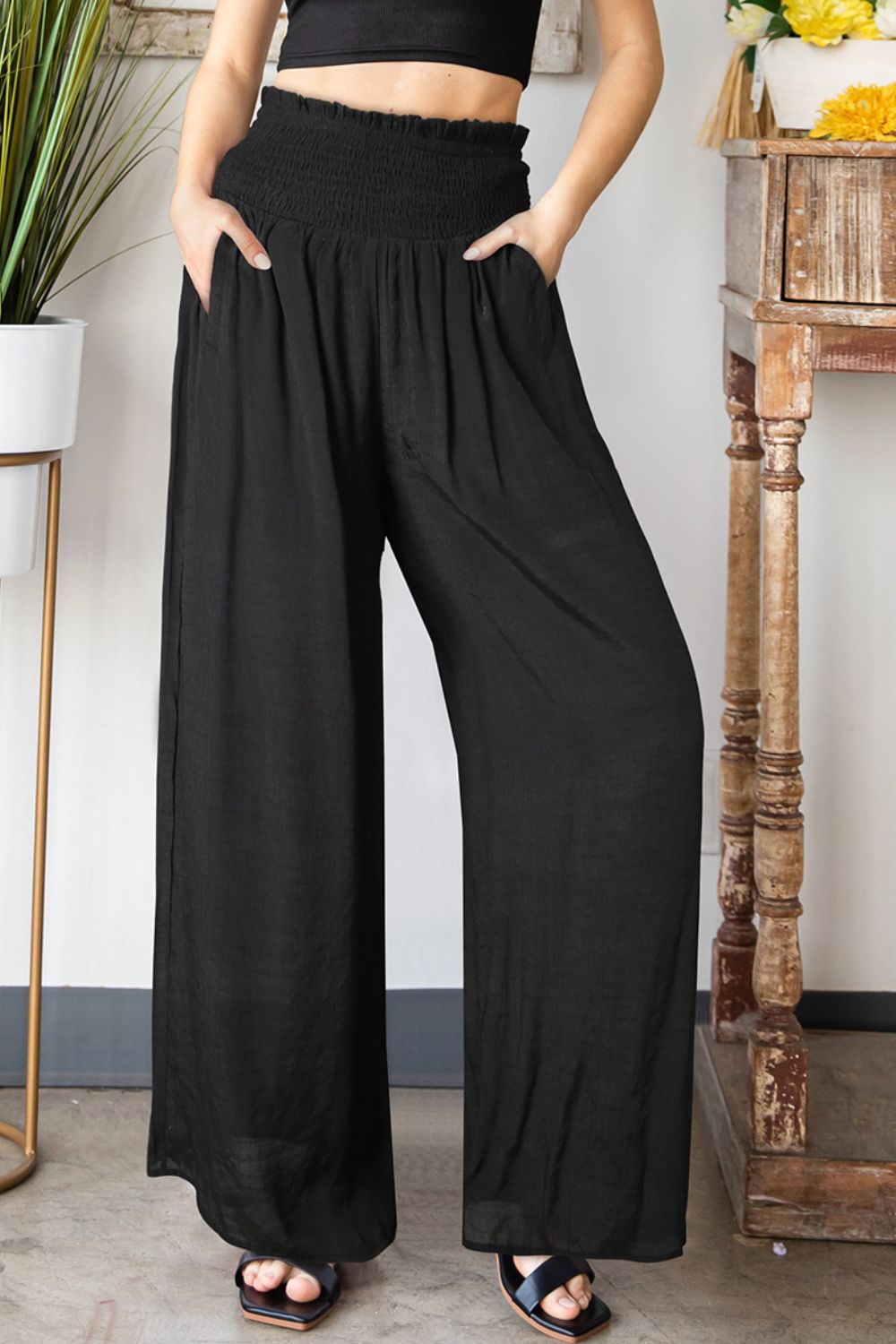 Black Casual Smocked Wide Leg Pants with Pockets