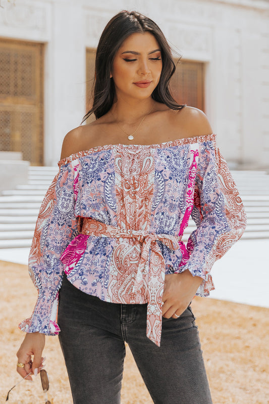 Floral Flounce Sleeve Belted Blouse