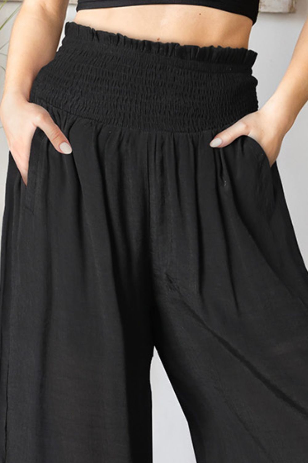 Black Casual Smocked Wide Leg Pants with Pockets